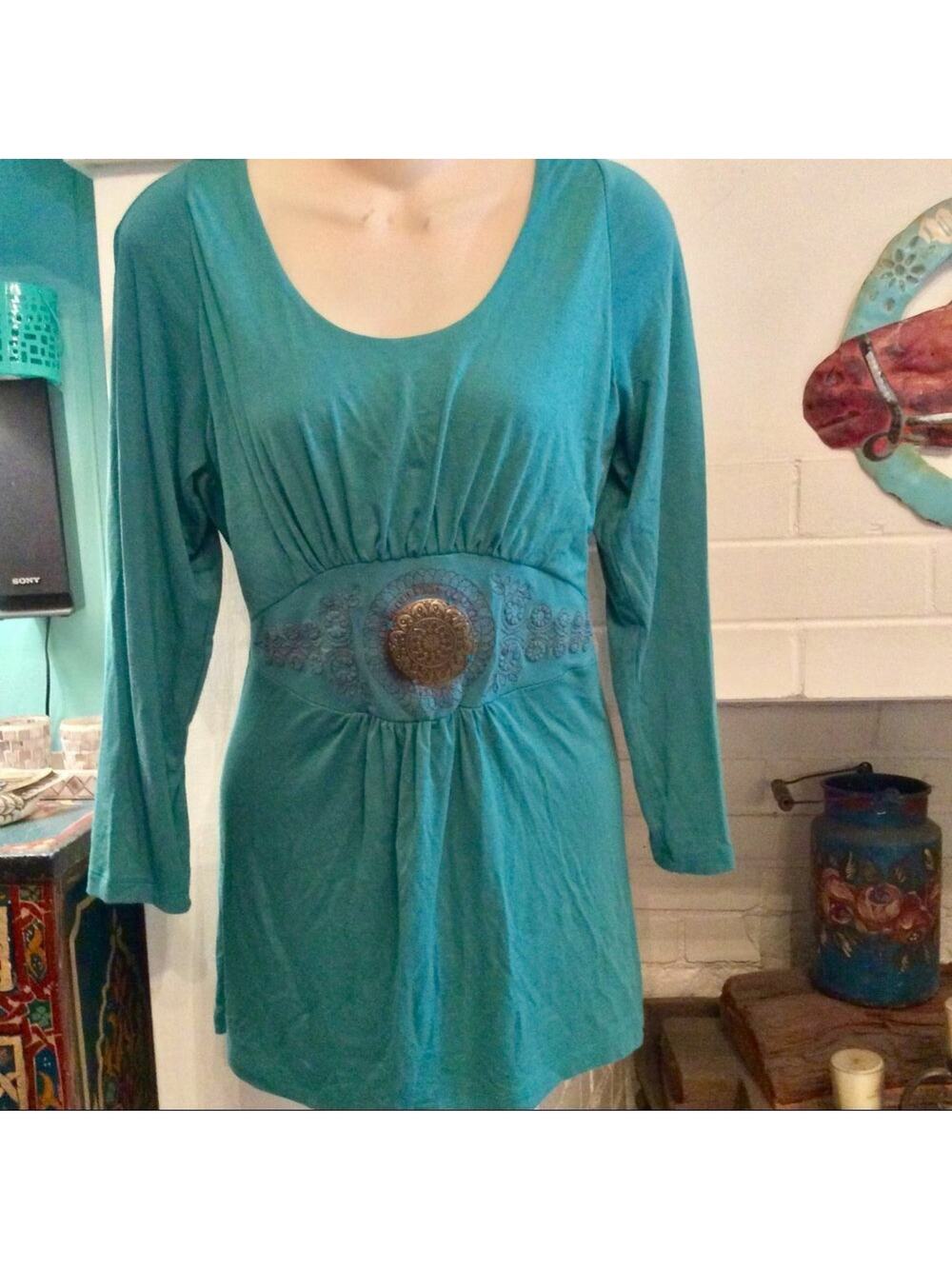 VINTAGE 90'S Y2K VERTIGO PARIS TEAL TUNIC TOP W/ METAL WAIST MEDALLION S